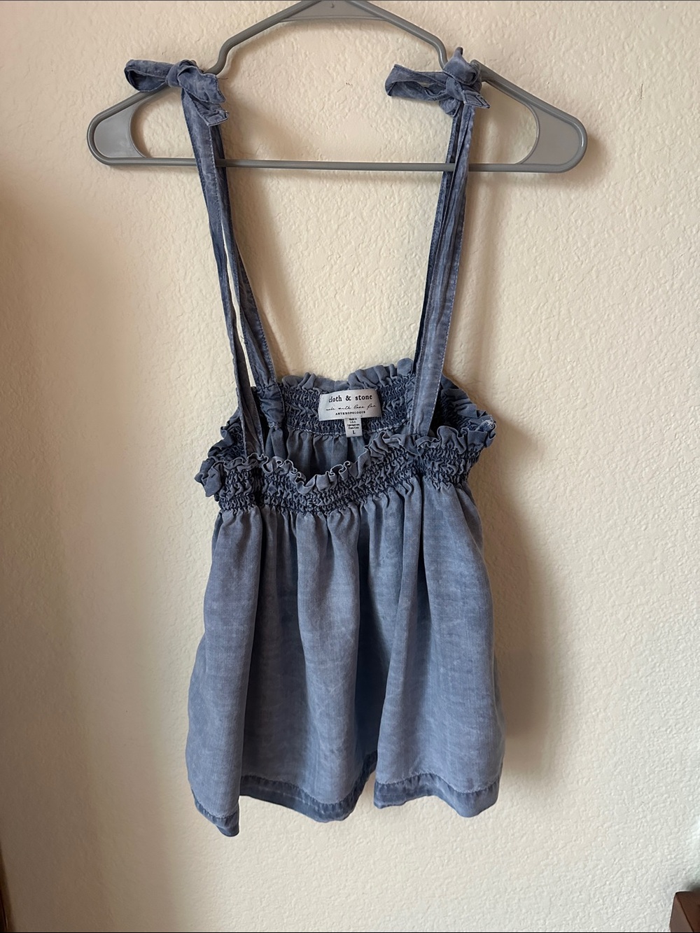 Cloth and Stone-Anthropology Smocked Tie-Shoulder Denim-Look top in Washed Blue